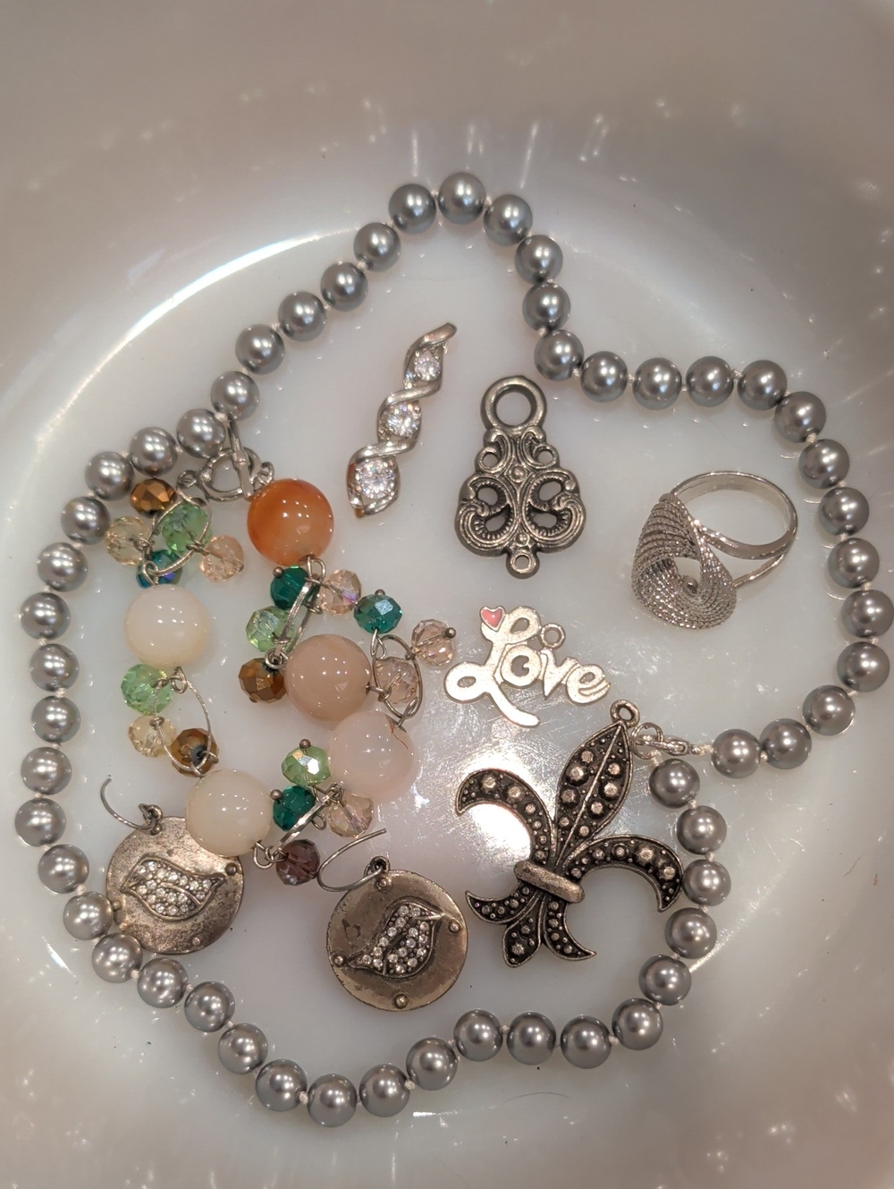 Silver-Tone Fleur de Lis & 'Love' Charm Necklace with Multicolor Bead Accents